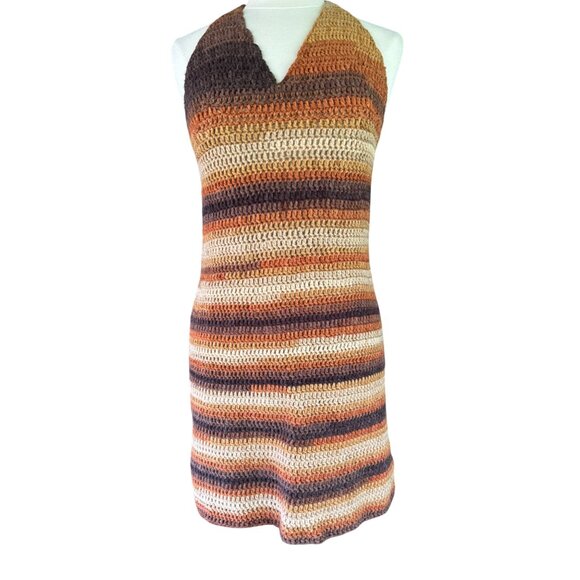Handmade Crochet Halter Dress With Earthy Striped Pattern - Picture 6 of 7